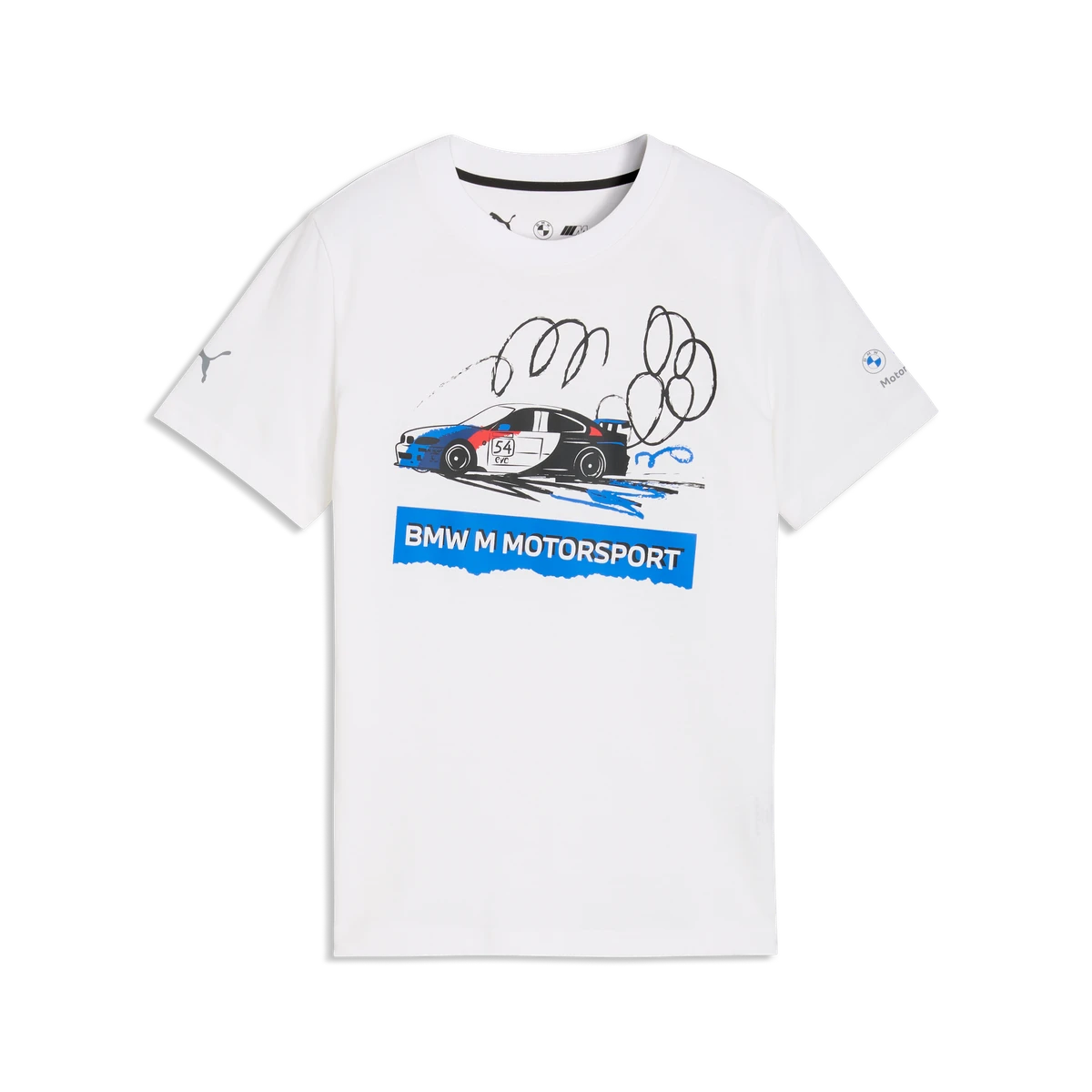 BMW M Motorsport балдарга арналган машина принти менен футболка (ак), 104 размери